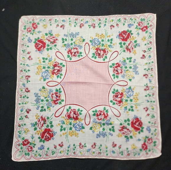 Vintage Red Blue Yellow Roses Bouquet Floral Handkerchief Hankie - Picture 1 of 4